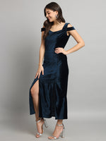 Maxi Style Cold Shoulder Bodycon Party Dress Peacock Blue