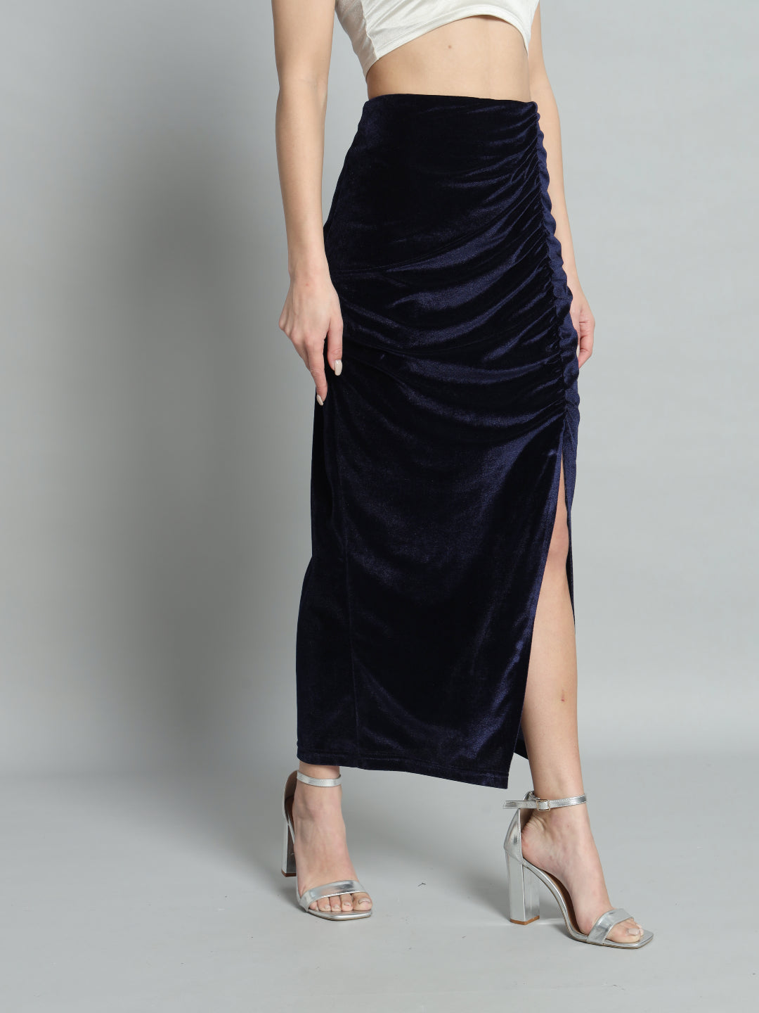 Ankle Length Long Ruched Party Skirt Navy Blue