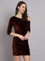 Velvet One Cold Shoulder Bodycon Party Dress Maroon