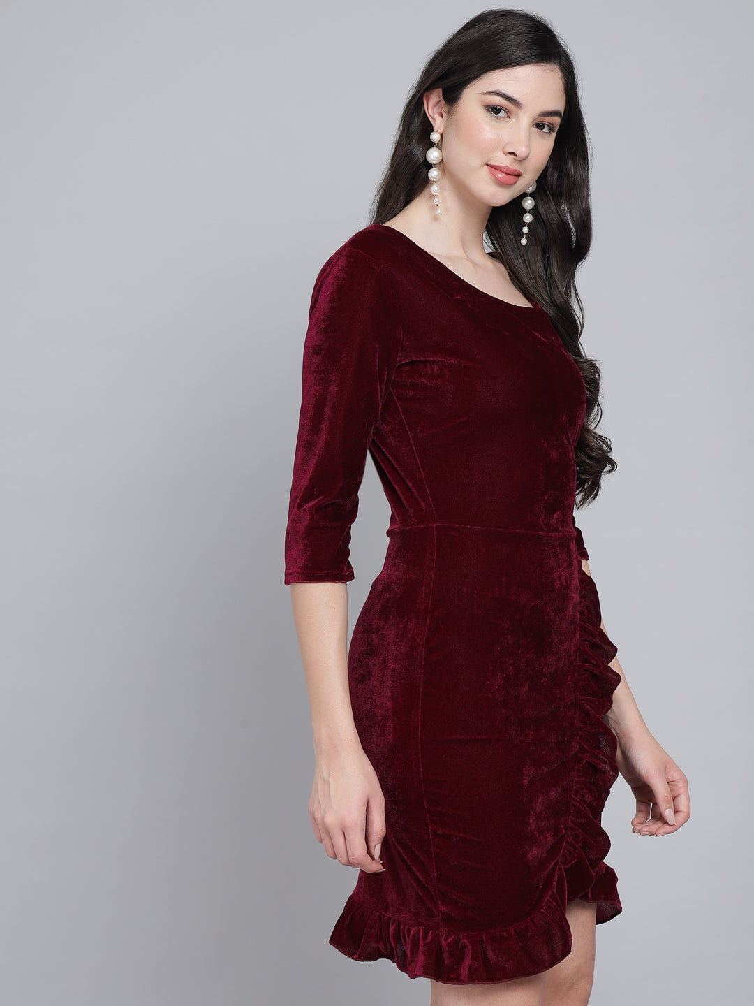 One Shoulder Bodycon Half sleeves Party Dress Wine