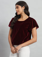 Short Sleeves Ruffles Stylish Party Top Wine