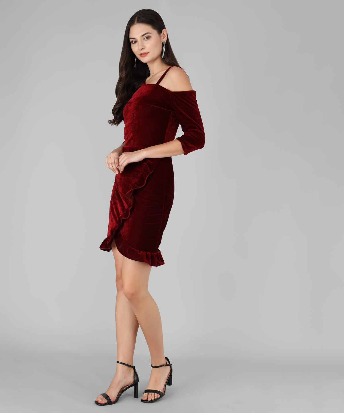 One Shoulder Bodycon Half sleeves Party Dress Maroon