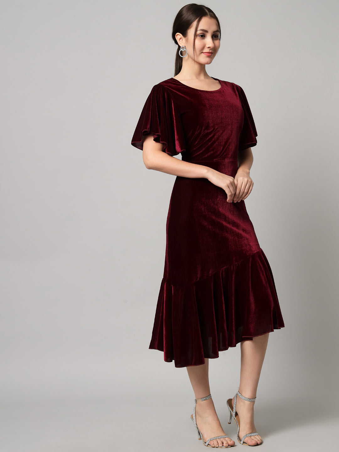 Velvet Fabric Fish Cut Ruffle Bottom Bodycon Party Midi Dress Maroon