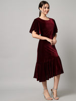 Velvet Fabric Fish Cut Ruffle Bottom Bodycon Party Midi Dress Maroon