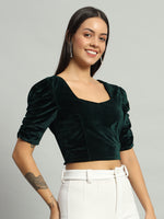 Puff Sleeves Velvet Blouse Tops Dark Green