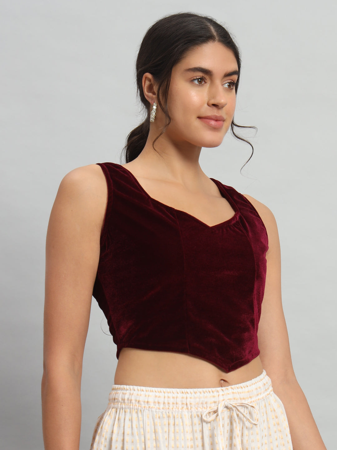 Velvet Sleeveless Readymade Party Blouse Wine