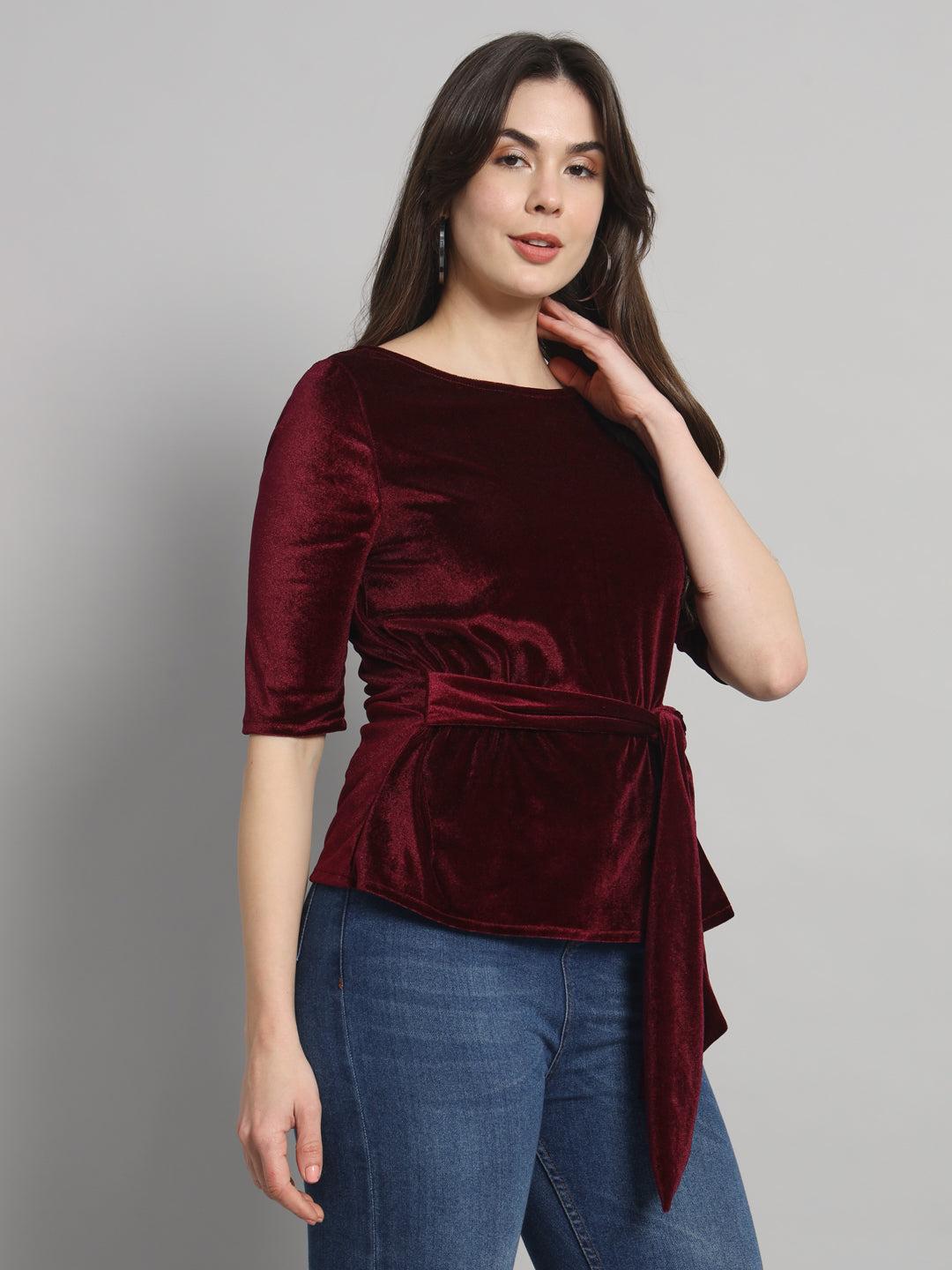 Half Sleeeves Front Tie Waistband Party Top Maroon