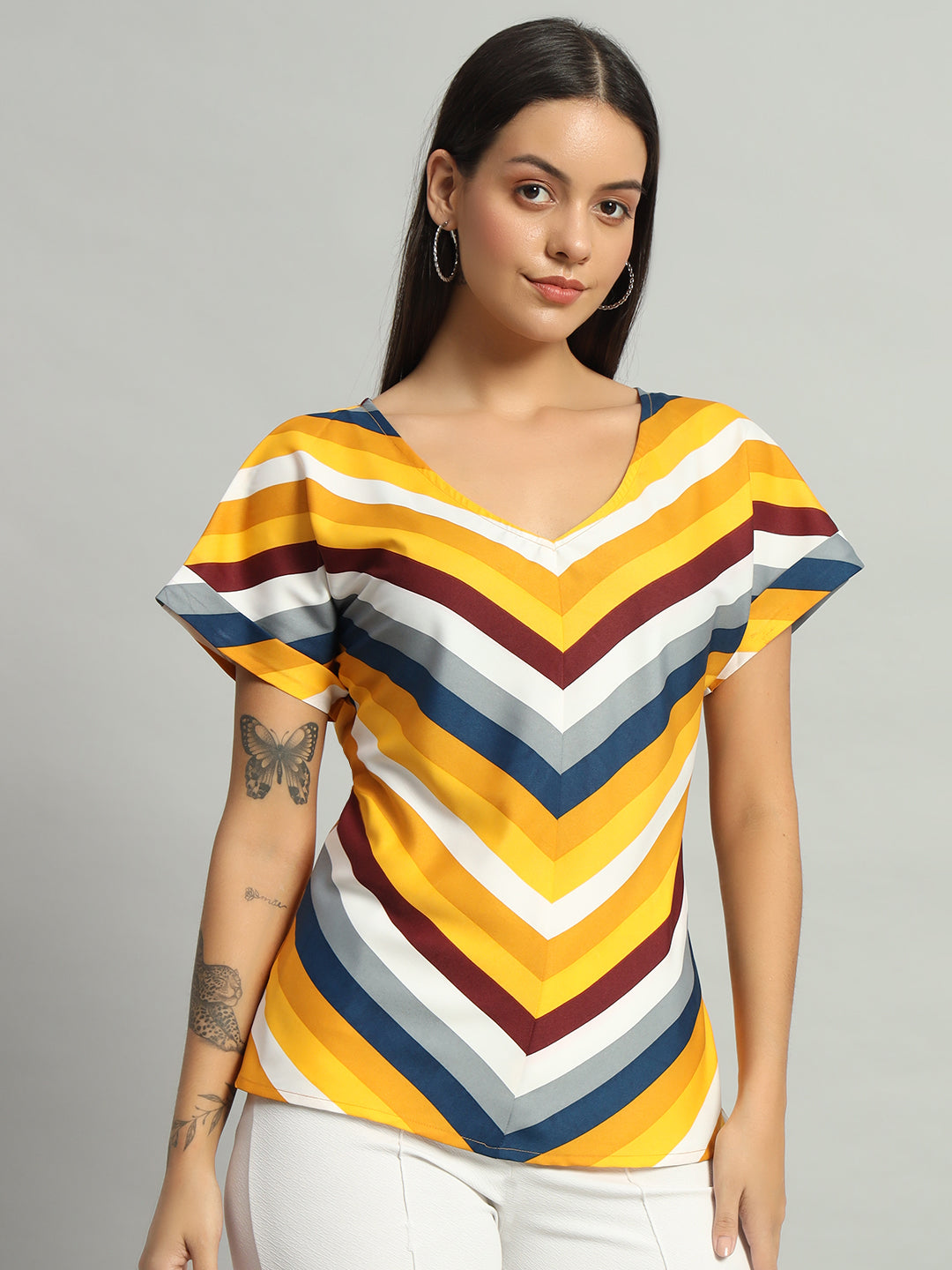 Crepe V-Cut Striped Short Sleeves Top Dark Yellow