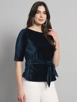 Half Sleeeves Front Tie Waistband Party Top Peacock Blue