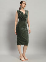 Deep V-Neck Sleeveless Bodycon Party Dress Dark Olive Green