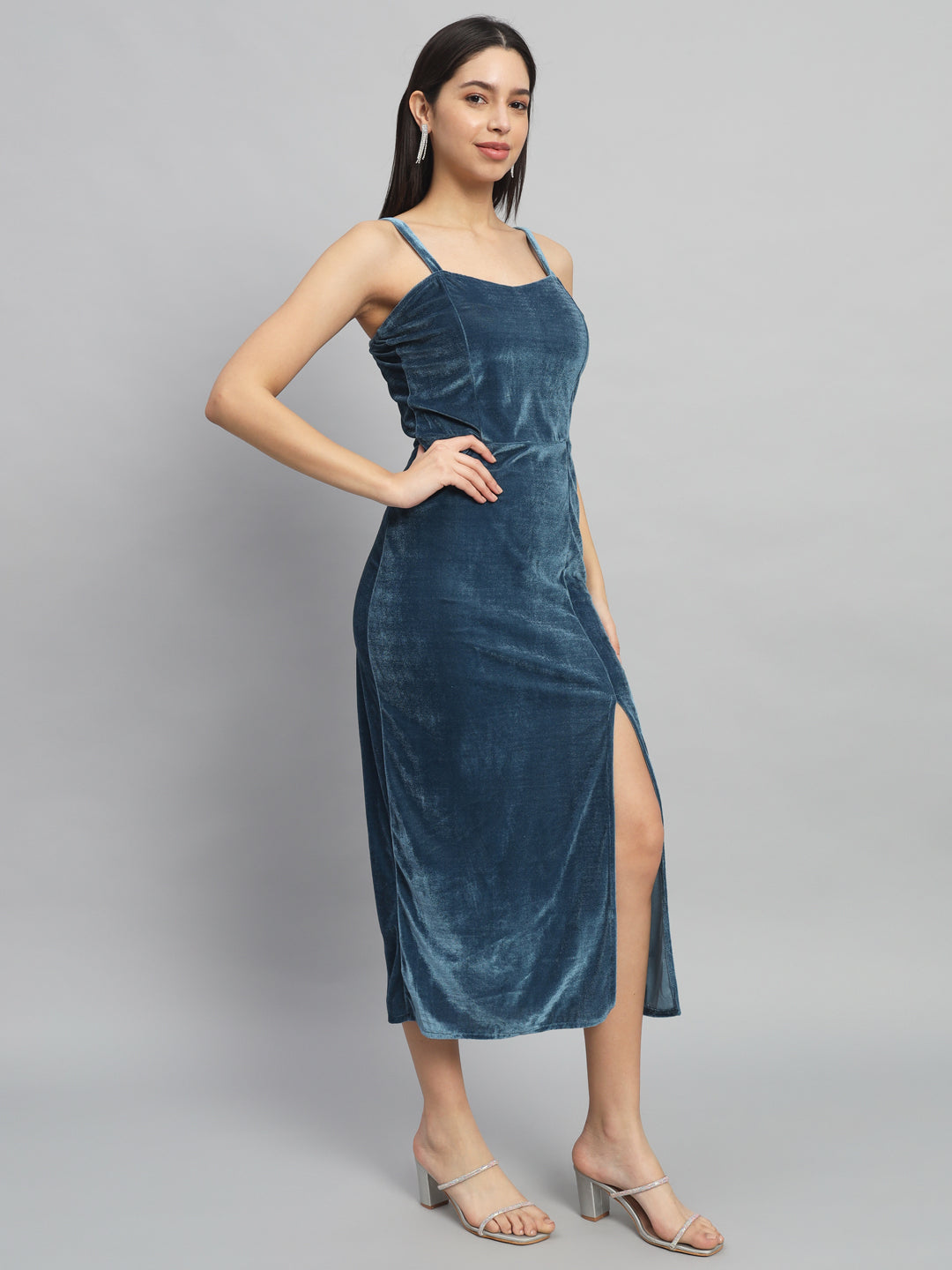 Maxi Sleeveless Velvet Square Neck Bodycon Dress Dark Teal