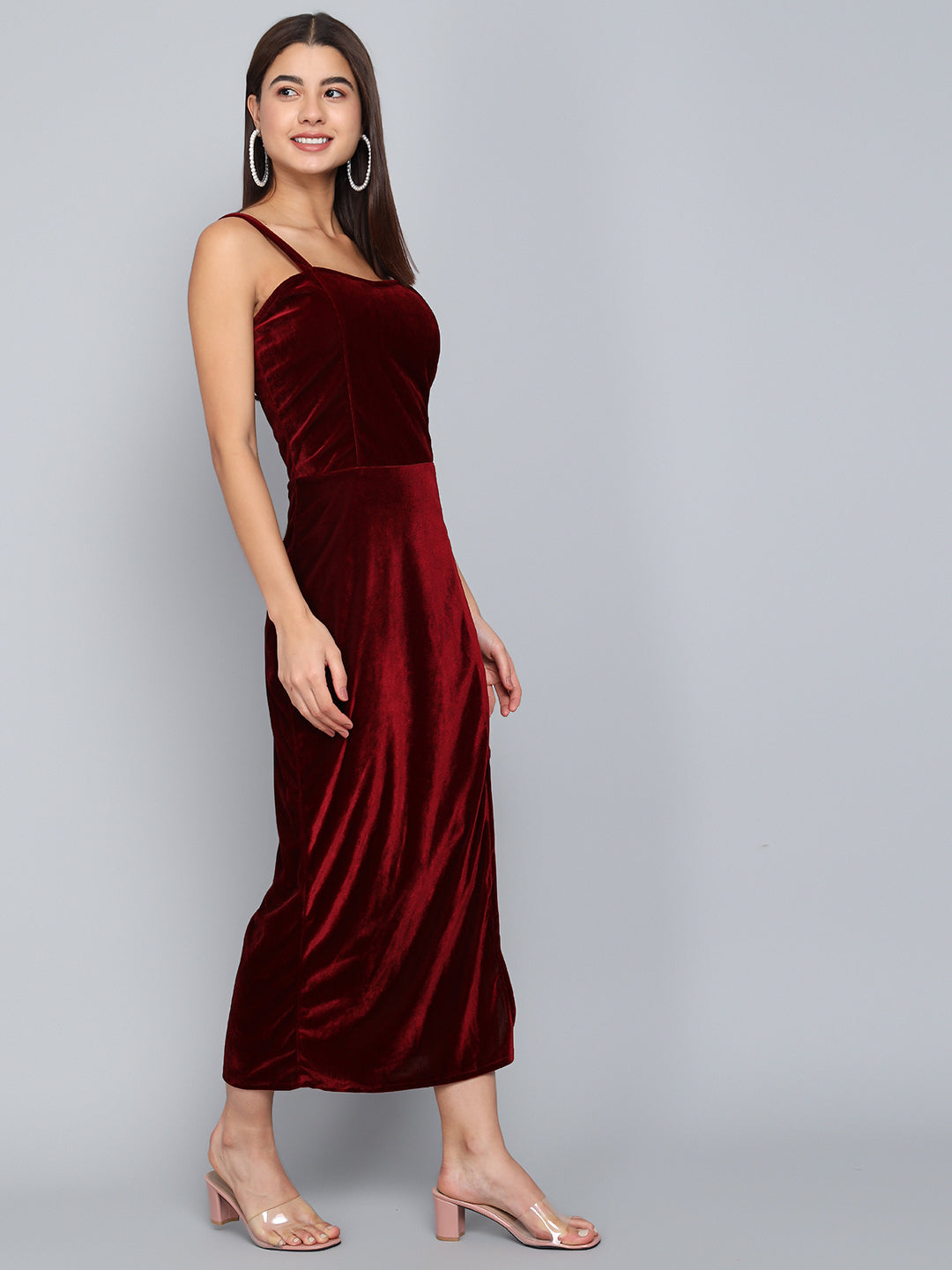 Maxi Sleeveless Velvet Square Neck Bodycon Dress Sporty Maroon