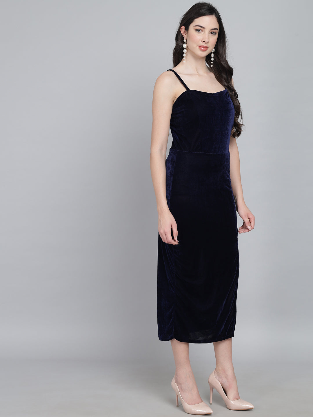 Maxi Sleeveless Velvet Square Neck Bodycon Dress Navy Blue