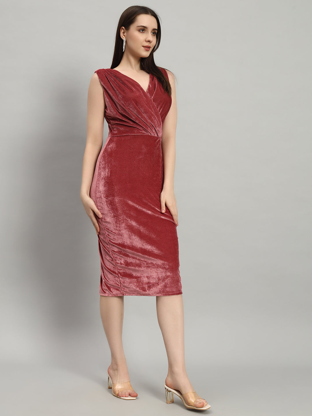 Deep V-Neck Shiny Velvet Sleeveless Party Dress Wine