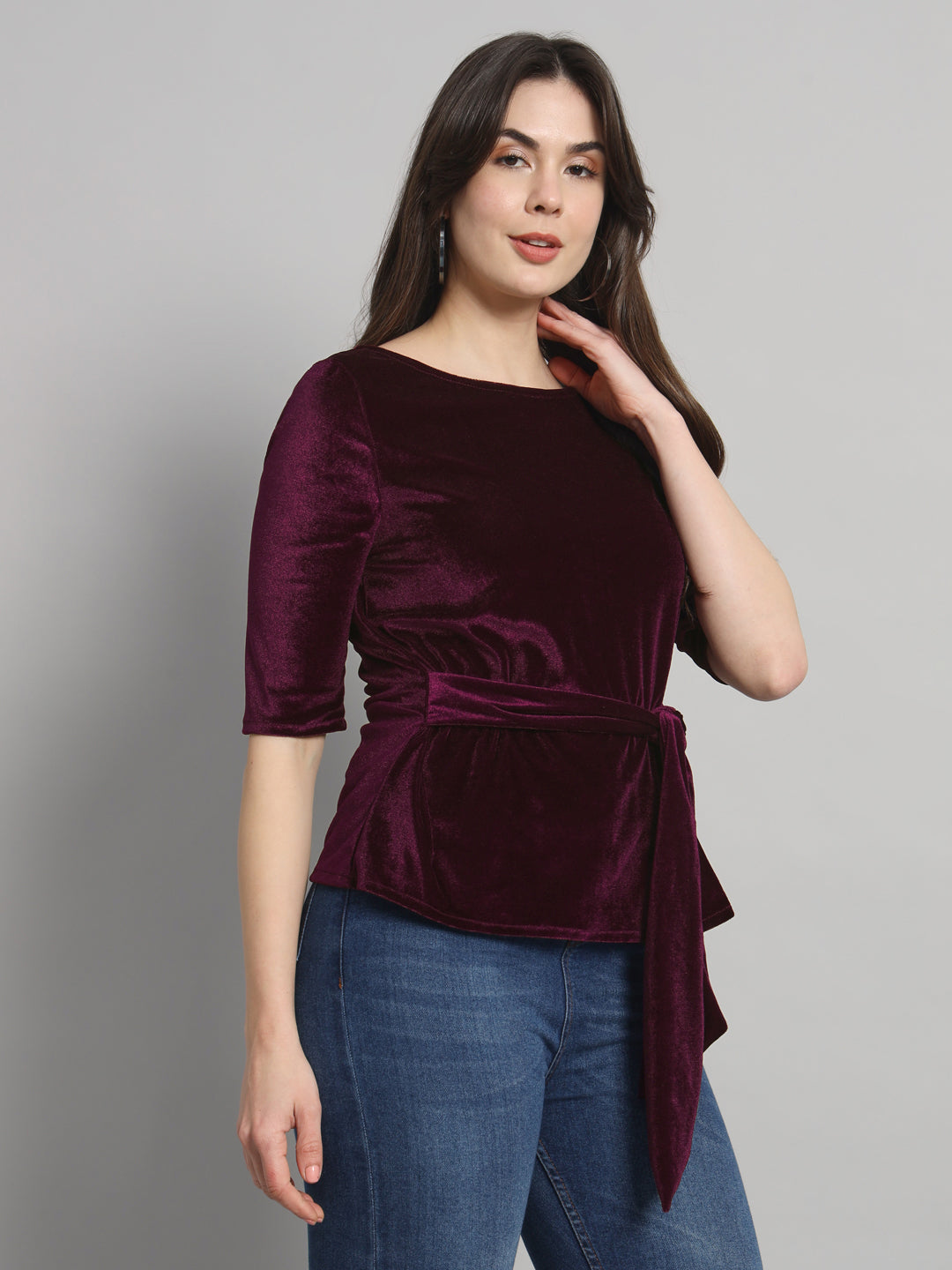 Half Sleeeves Front Tie Waistband Party Top Wine