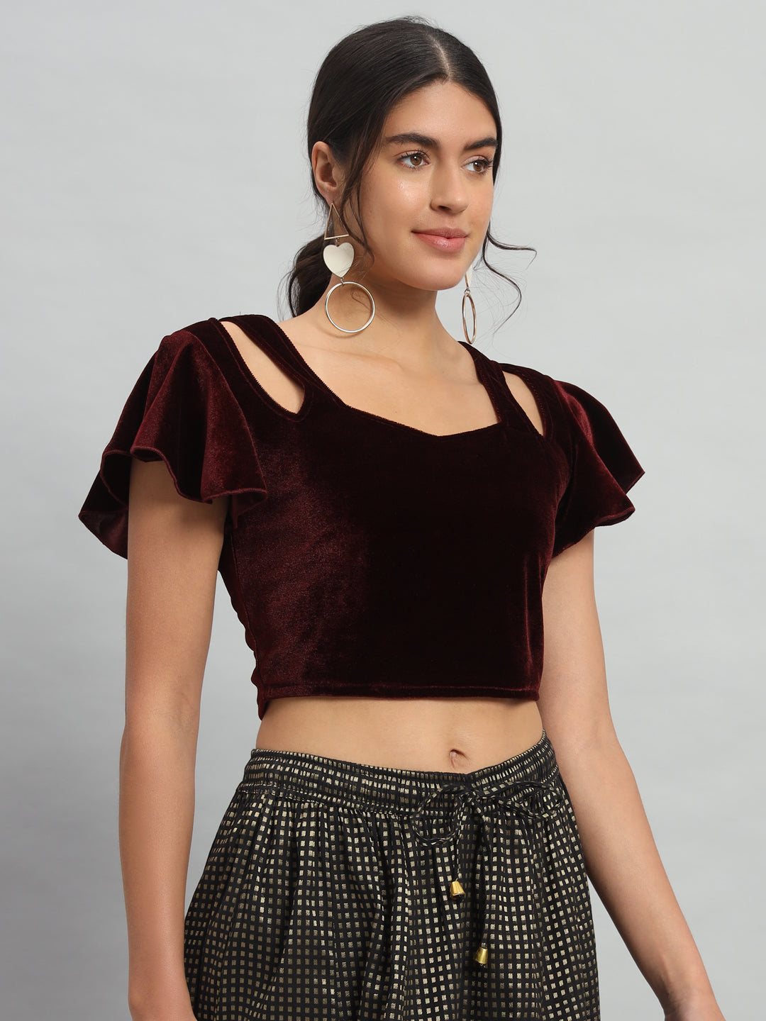 Velvet Flared Sleeves Readymade Party Blouse Maroon