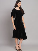 Ruffle Sleeves Fish Cut Velvet Party Dress Black