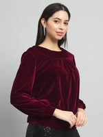 Round Neck Puff Sleeves Blouson Top Maroon