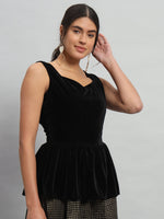 Waistline Ruffle Sleeveless Party Top Black