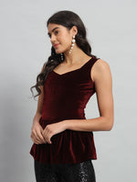 Waistline Ruffle Sleeveless Party Top Wine