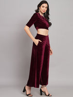 One Sleeve Crop Top with Palazzo Party Co-Ord Set Wine