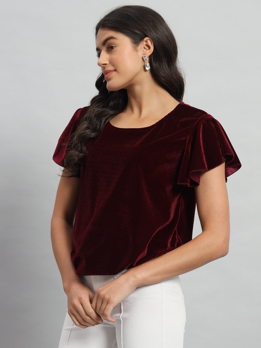 Short Sleeves Ruffles Stylish Party Top Maroon