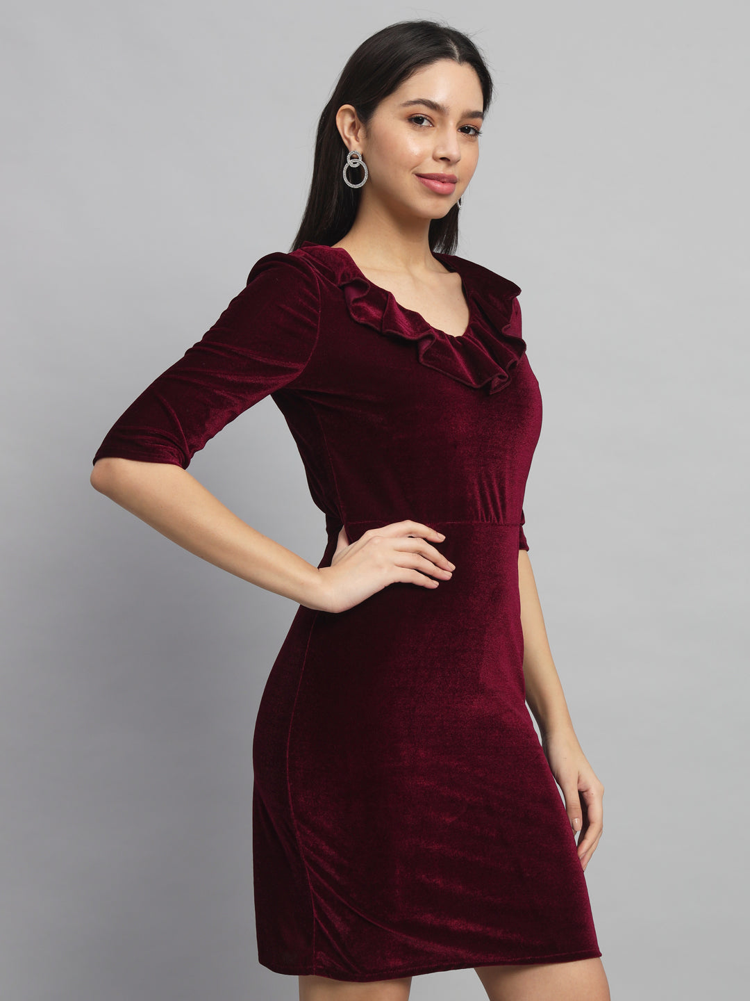 Half Sleeves Above Knee Party Dress Sporty Maroon