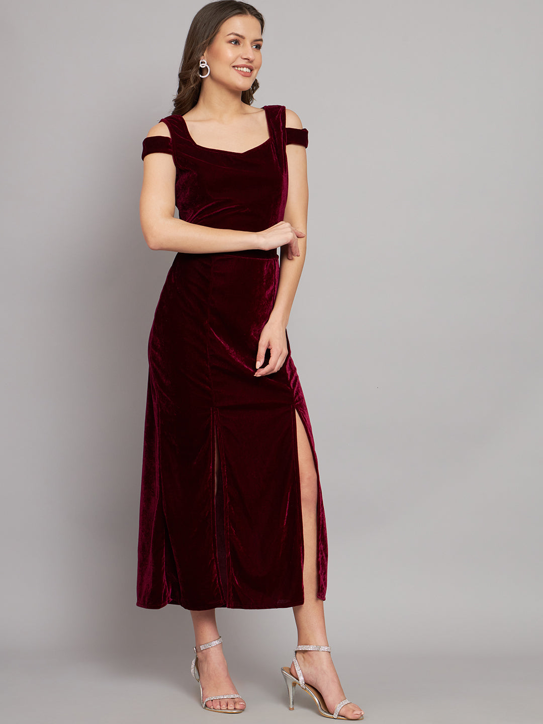 Maxi Style Cold Shoulder Bodycon Party Dress Wine