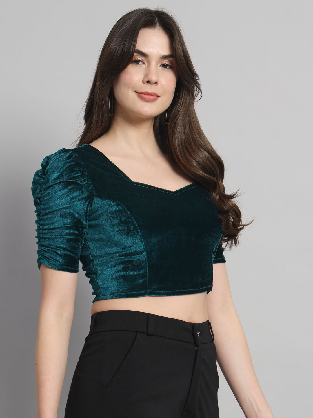 Puff Sleeves Velvet Blouse Tops Rama Green