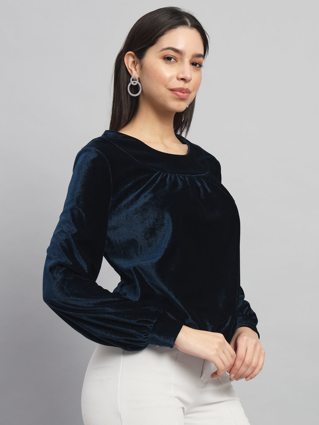 Round Neck Puff Sleeves Blouson Top Peacock Blue