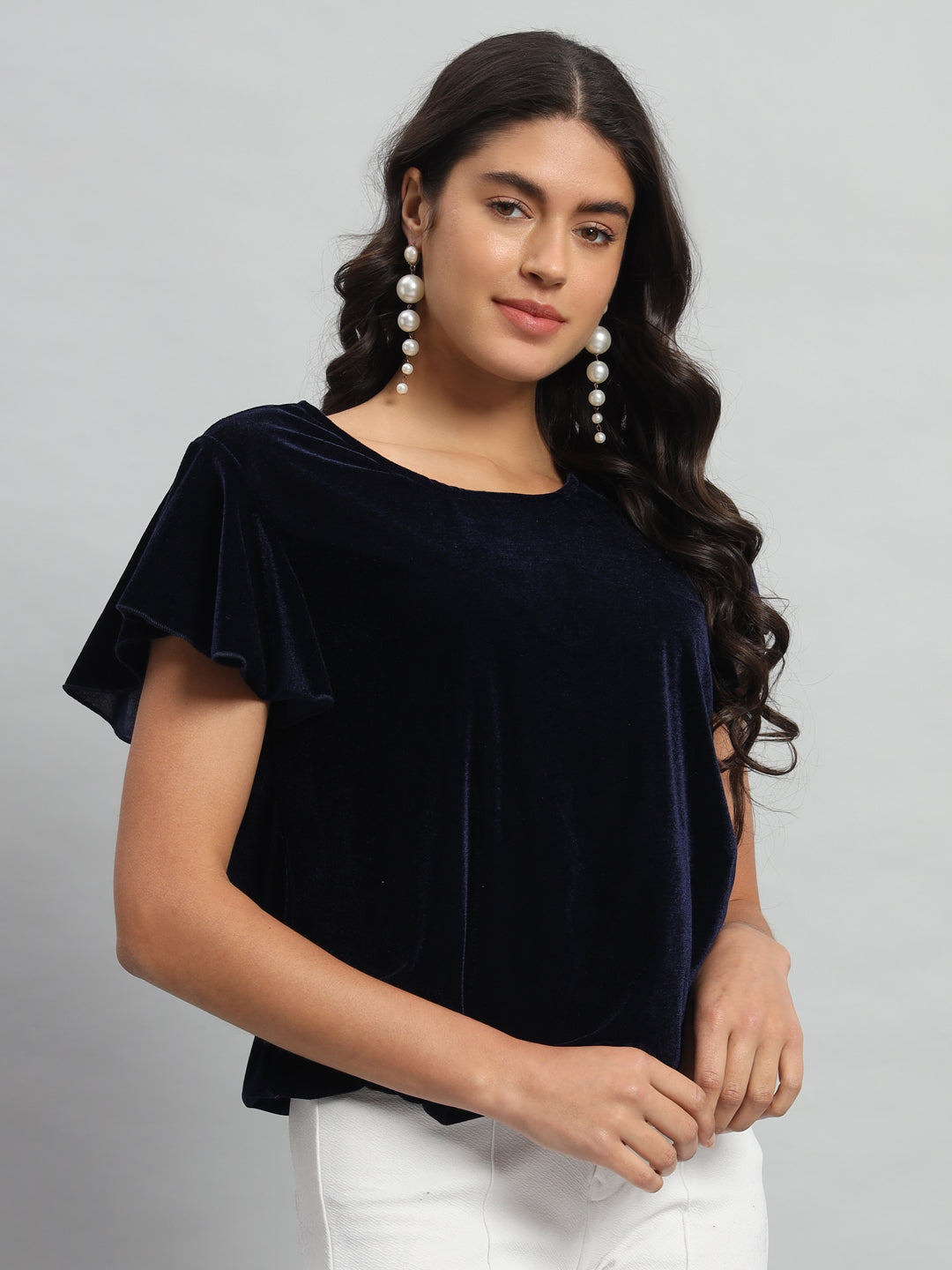 Short Sleeves Ruffles Stylish Party Top Navy Blue