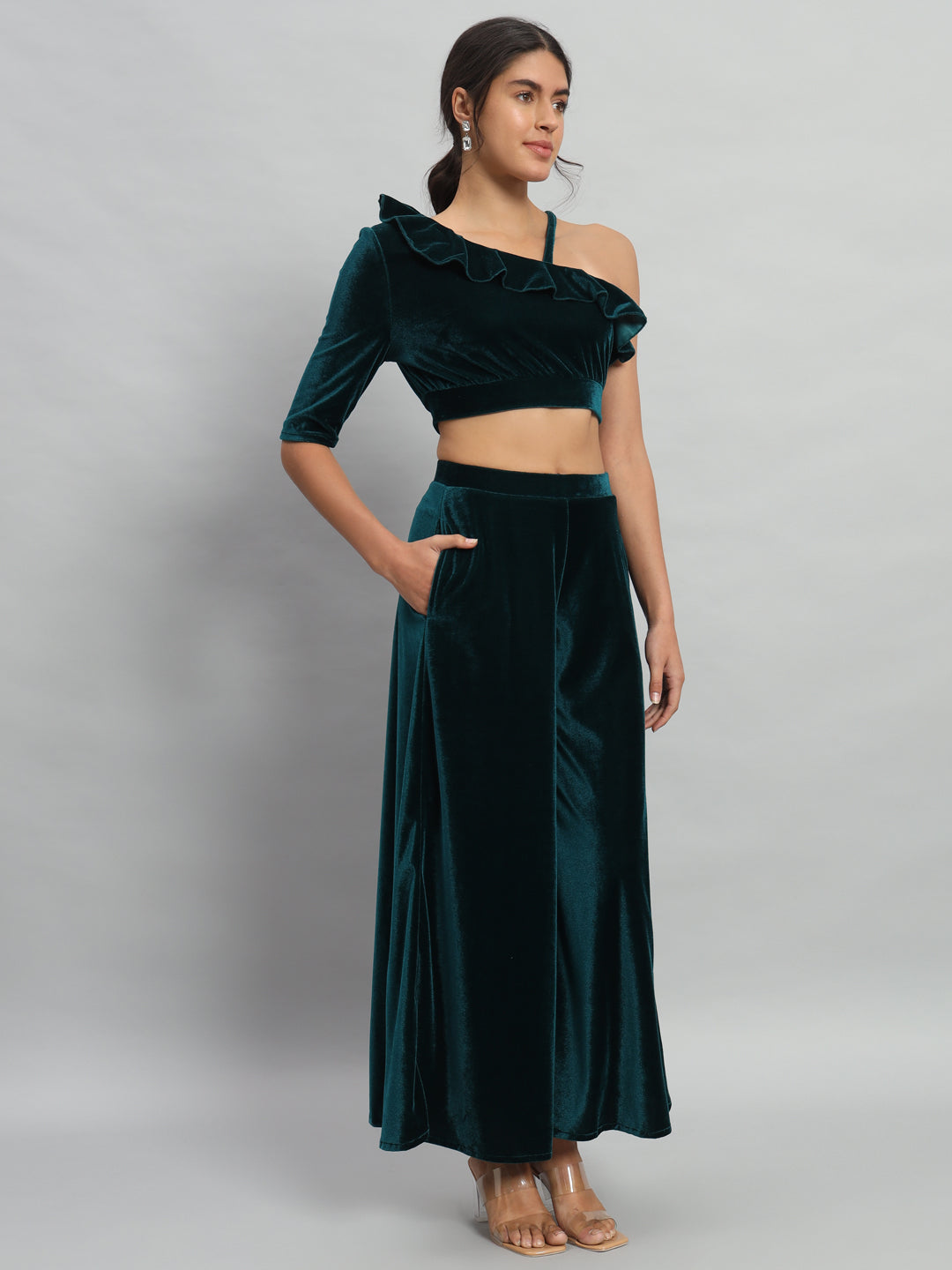 One Sleeve Crop Top with Palazzo Party Co-Ord Set Rama Green