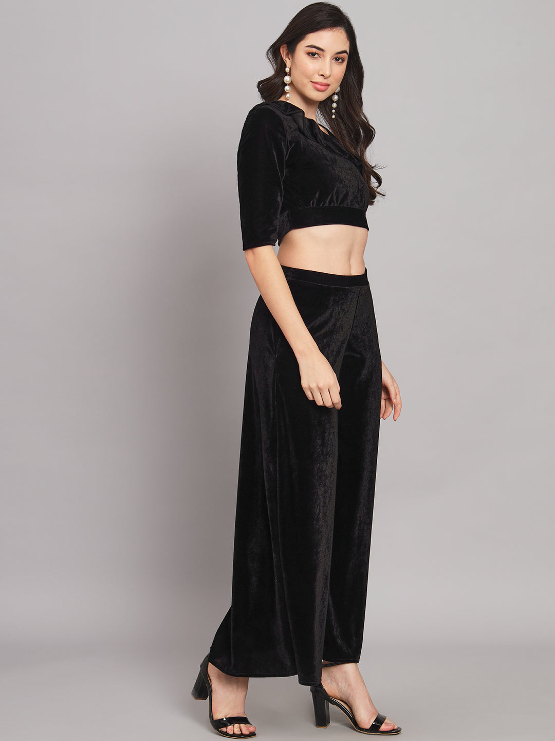 One Sleeve Crop Top with Palazzo Party Co-Ord Set Black