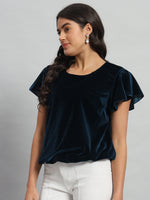 Short Sleeves Ruffles Stylish Party Top Peacock Blue