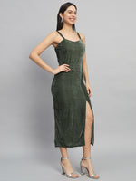 Maxi Sleeveless Velvet Square Neck Bodycon Dress Dark Olive Green