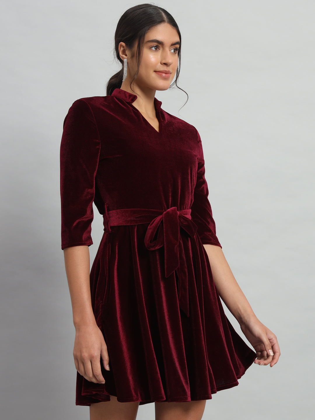 A-Line Quarter Sleeves V-Neck Party Dress Sporty Maroon