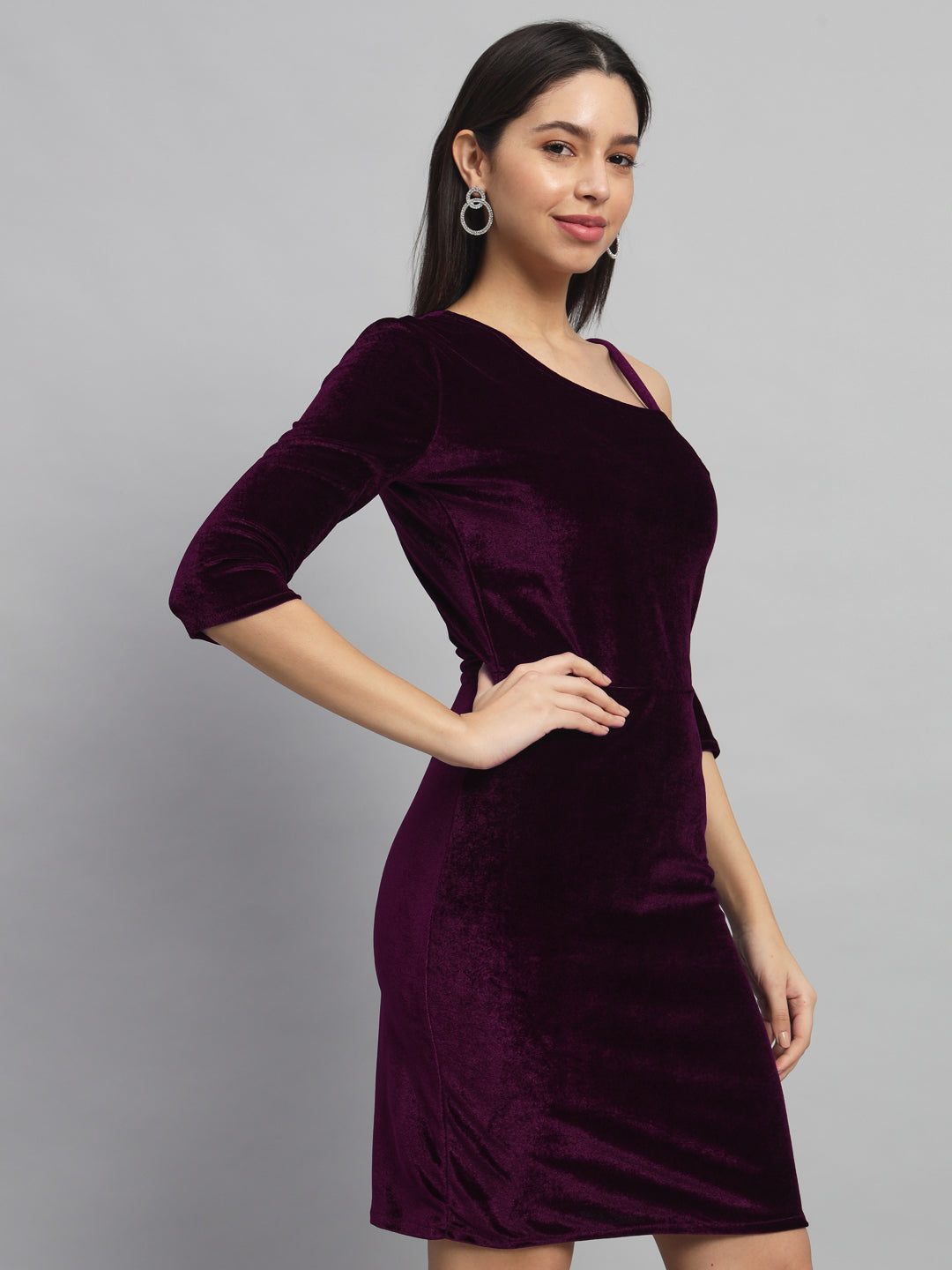 Velvet One Cold Shoulder Bodycon Party Dress Wine