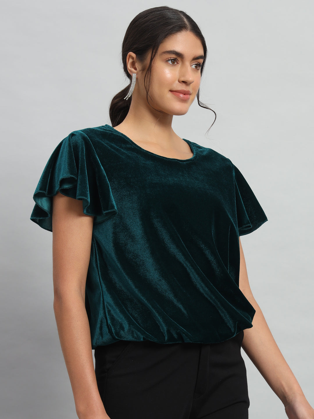 Short Sleeves Ruffles Stylish Party Top Rama Green