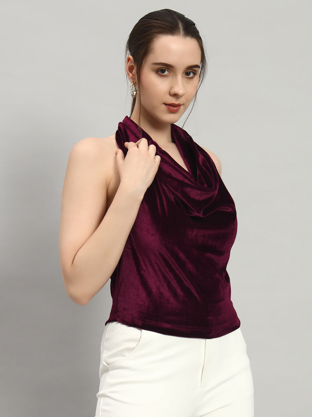 Halter Neck Top Velvet Sleeveless Party Outfit Scarlet Wine