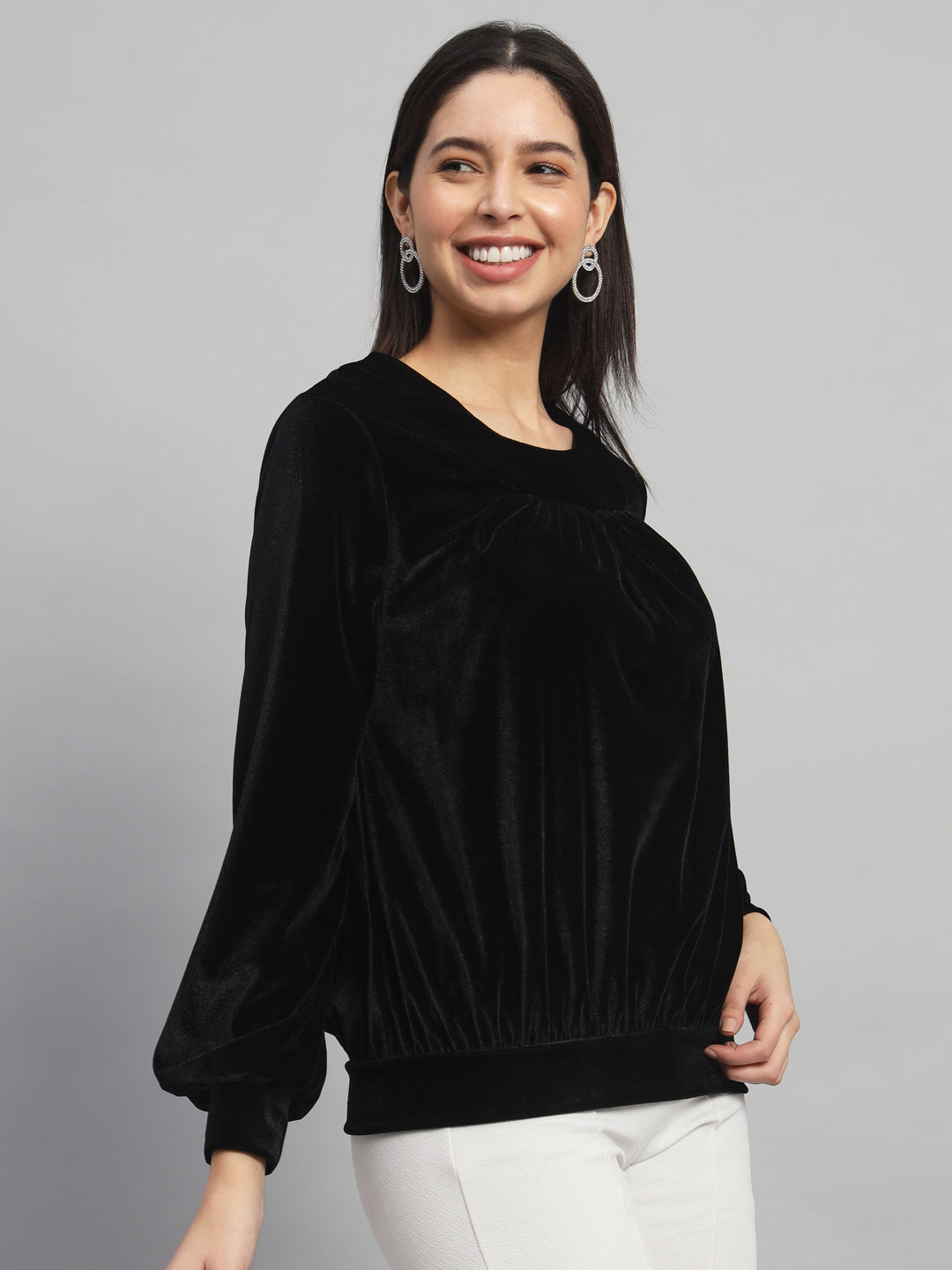 Round Neck Puff Sleeves Blouson Top Black