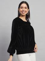 Round Neck Puff Sleeves Blouson Top Black