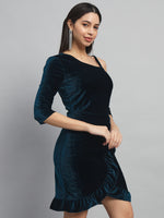 One Shoulder Bodycon Half sleeves Party Dress Peacock Blue