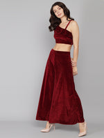 One Sleeve Crop Top with Palazzo Party Co-Ord Set Dark Maroon