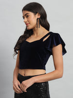 Velvet Flared Sleeves Readymade Party Blouse Navy Blue