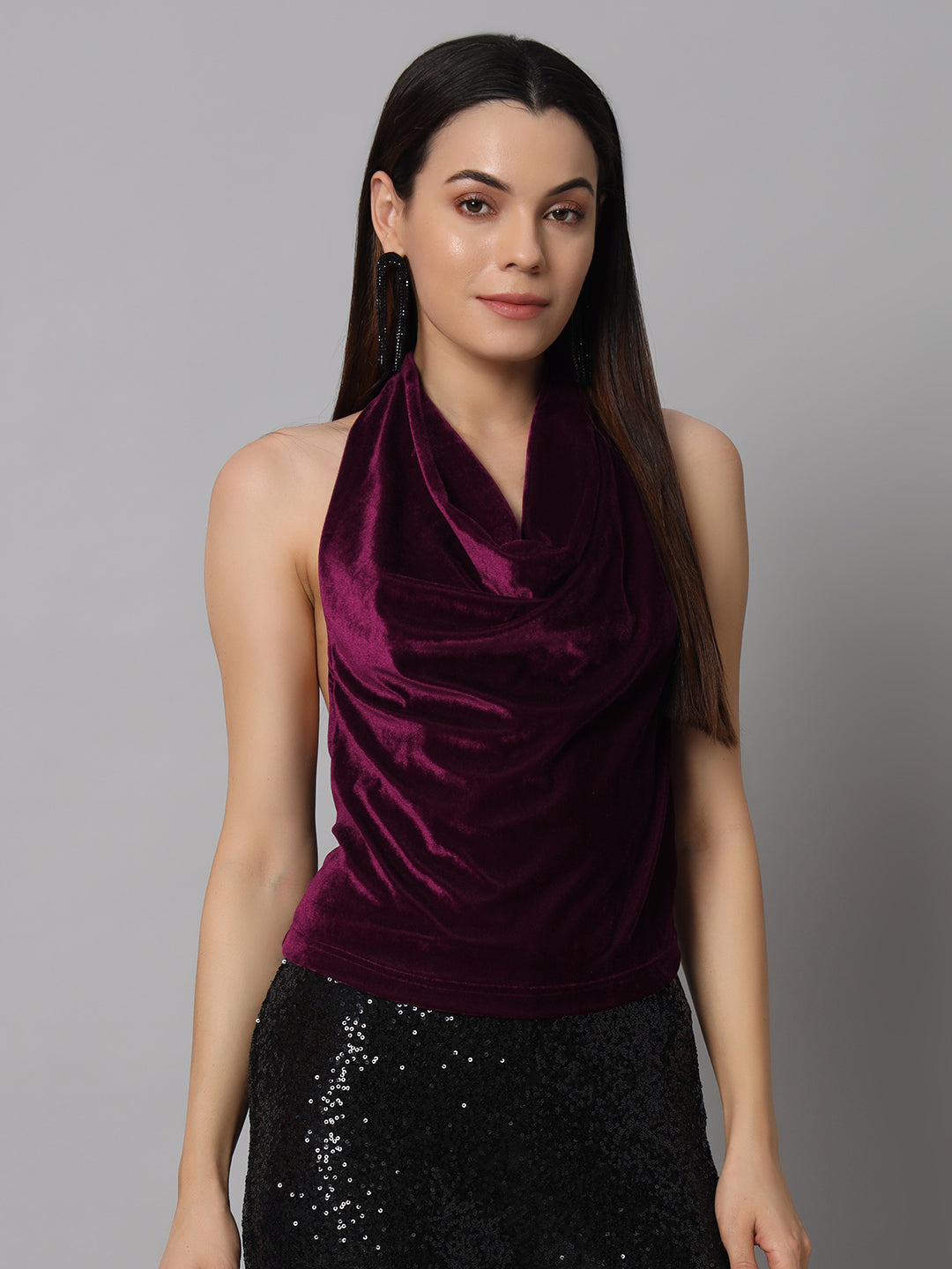 Halter Neck Top Velvet Sleeveless Party Outfit Wine