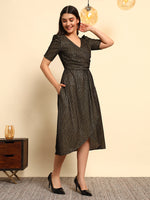 Black Gold Shimmer Wrap Dress with Puff Sleeves