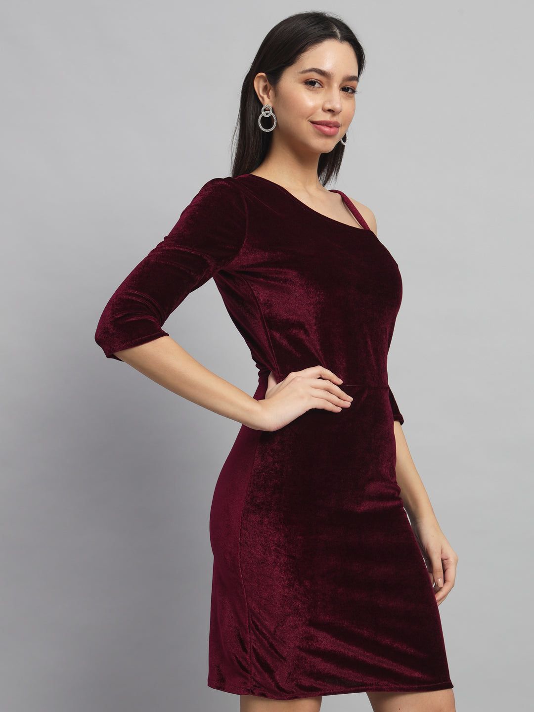 Velvet One Cold Shoulder Bodycon Party Dress Sporty Maroon