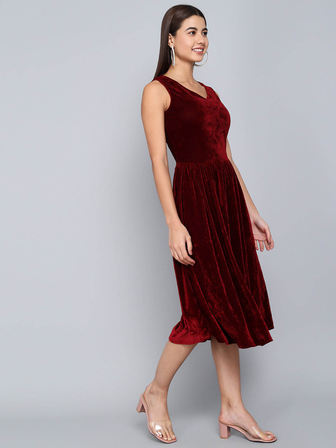 A-Line Velvet V-Neck Tops Sleeveless Party Dress Sporty Maroon