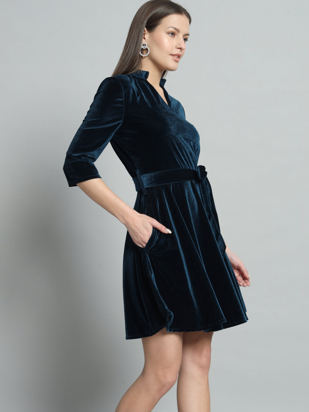 A-Line Quarter Sleeves V-Neck Party Dress Peacock Blue