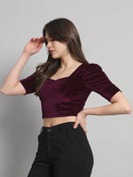 Puff Sleeves Velvet Blouse Tops Wine